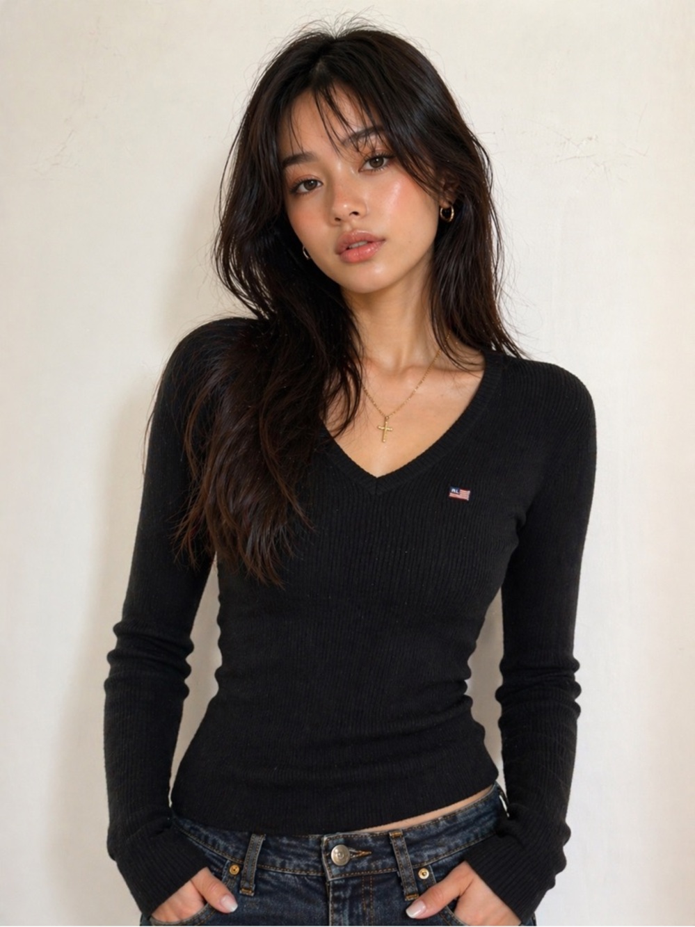 POLO JEANS CO. Y2K Black Ribbed V-Neck Sweater